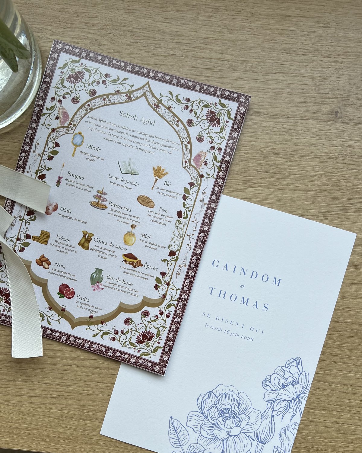 Invitación de boda de Gaindom y Thomas y tarjeta del Sofreh Aghd